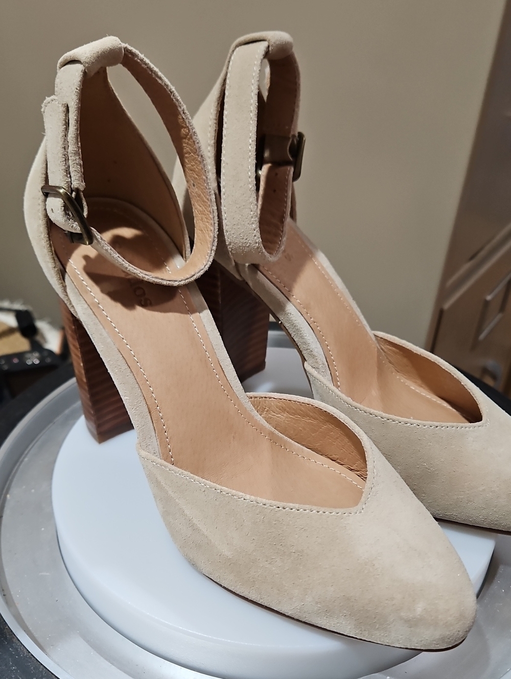 Soludos Cream Suede Ankle-Strap Block Heels
